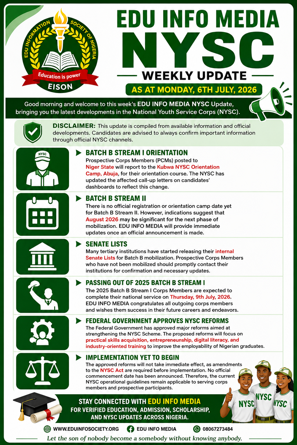 EDU INFO MEDIA | NYSC WEEKLY UPDATE As at Monday, 8th July, 2026