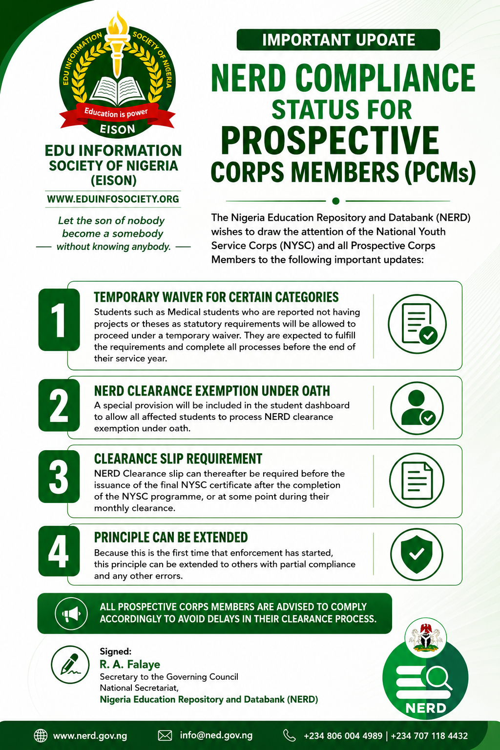 IMPORTANT UPDATE ON NERD COMPLIANCE STATUS FOR PROSPECTIVE CORPS MEMBERS (PCMs)
