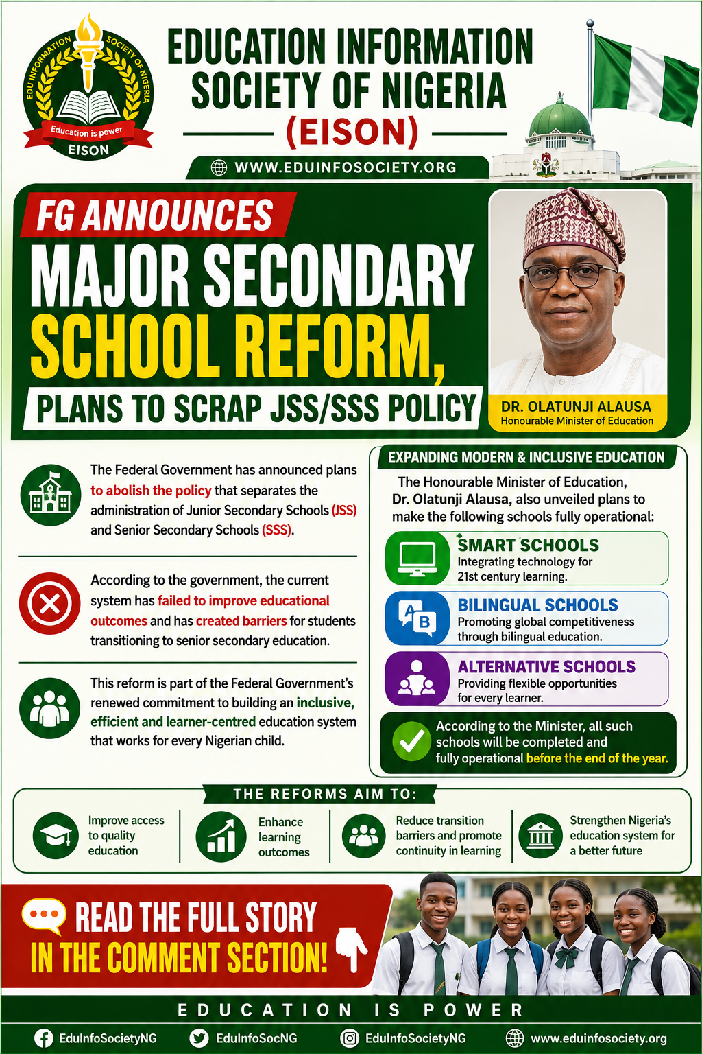 FG Announces Major Secondary School Reform, Plans to Scrap JSS/SSS Policy