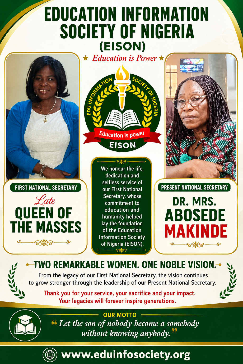 A TRIBUTE TO OUR FIRST NATIONAL SECRETARY Late Queen of the Masses