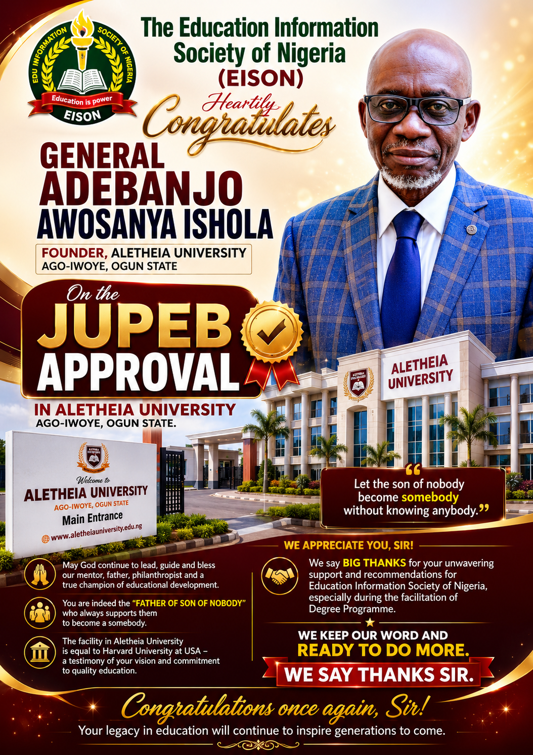 congratulates General Adebanjo Awosanya Ishola, Founder of Aletheia University, Ago-Iwoye, Ogun State,